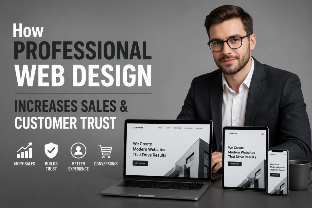 Professional web designer showcasing a modern responsive business website that helps increase sales and build customer trust.